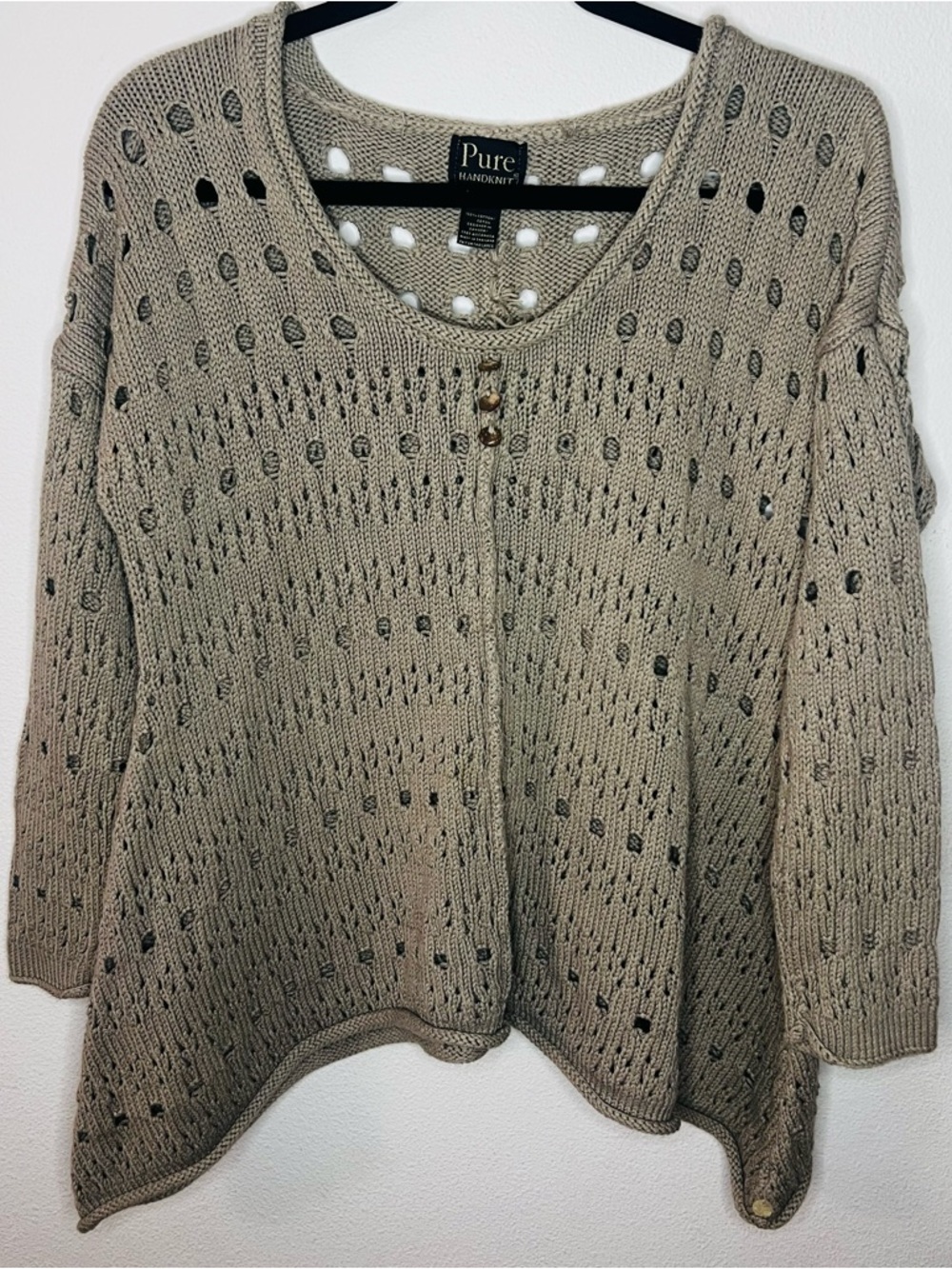 Pure Handknit Taupe Open-Knit Scoop Neck Sweater
